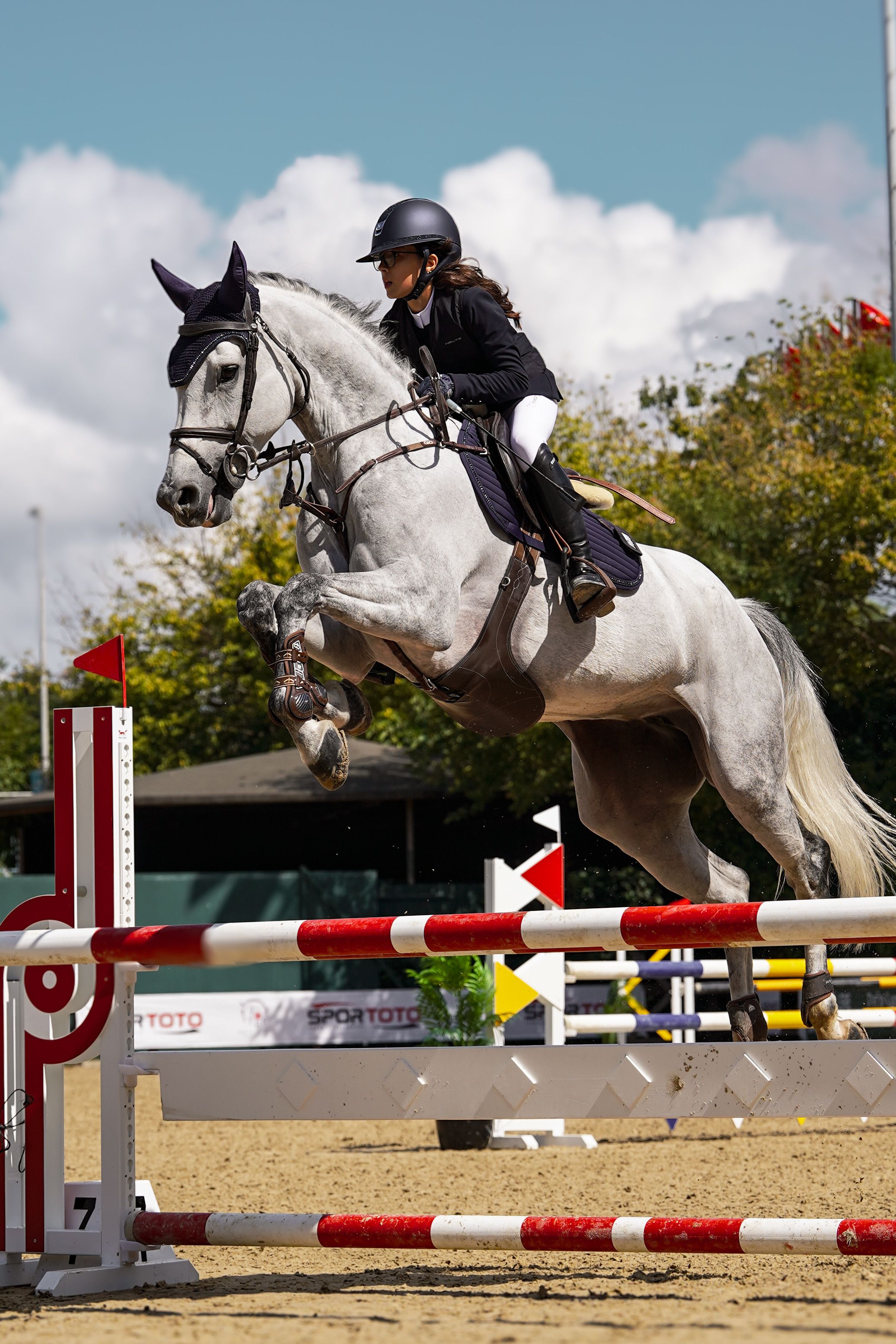 A grey horse and rider jumping